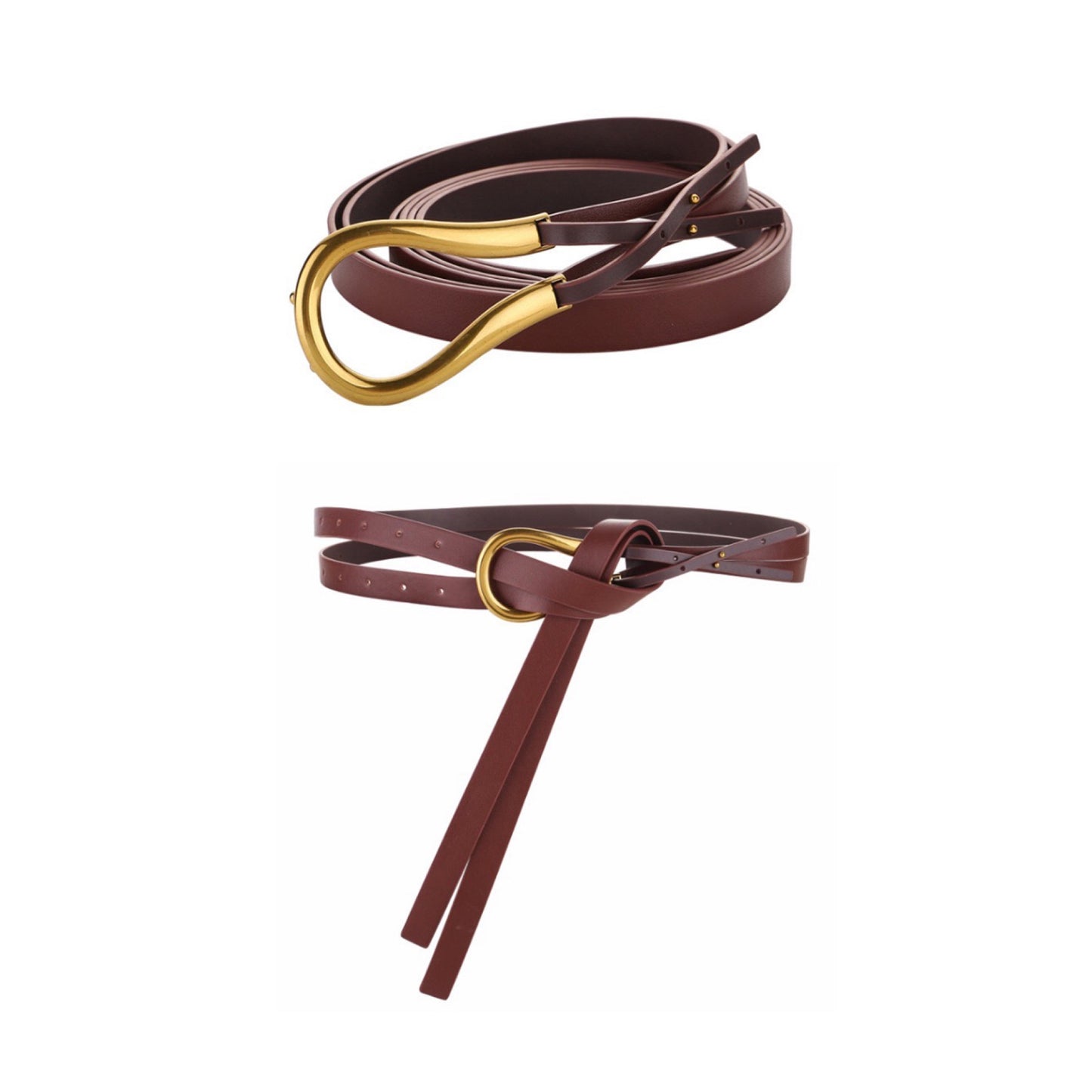 Brown leather belt with gold buckle on a white background
