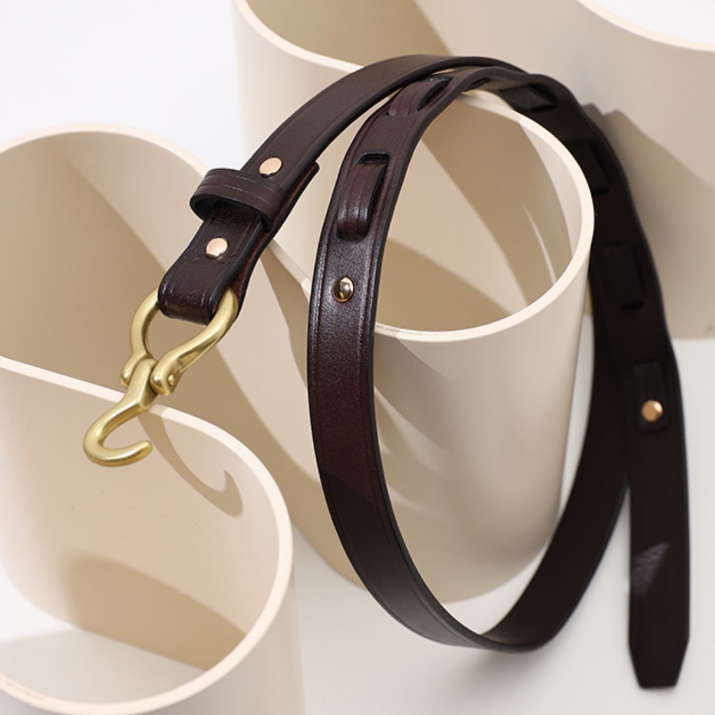 Brown leather dog collar with gold clasp on a white background
