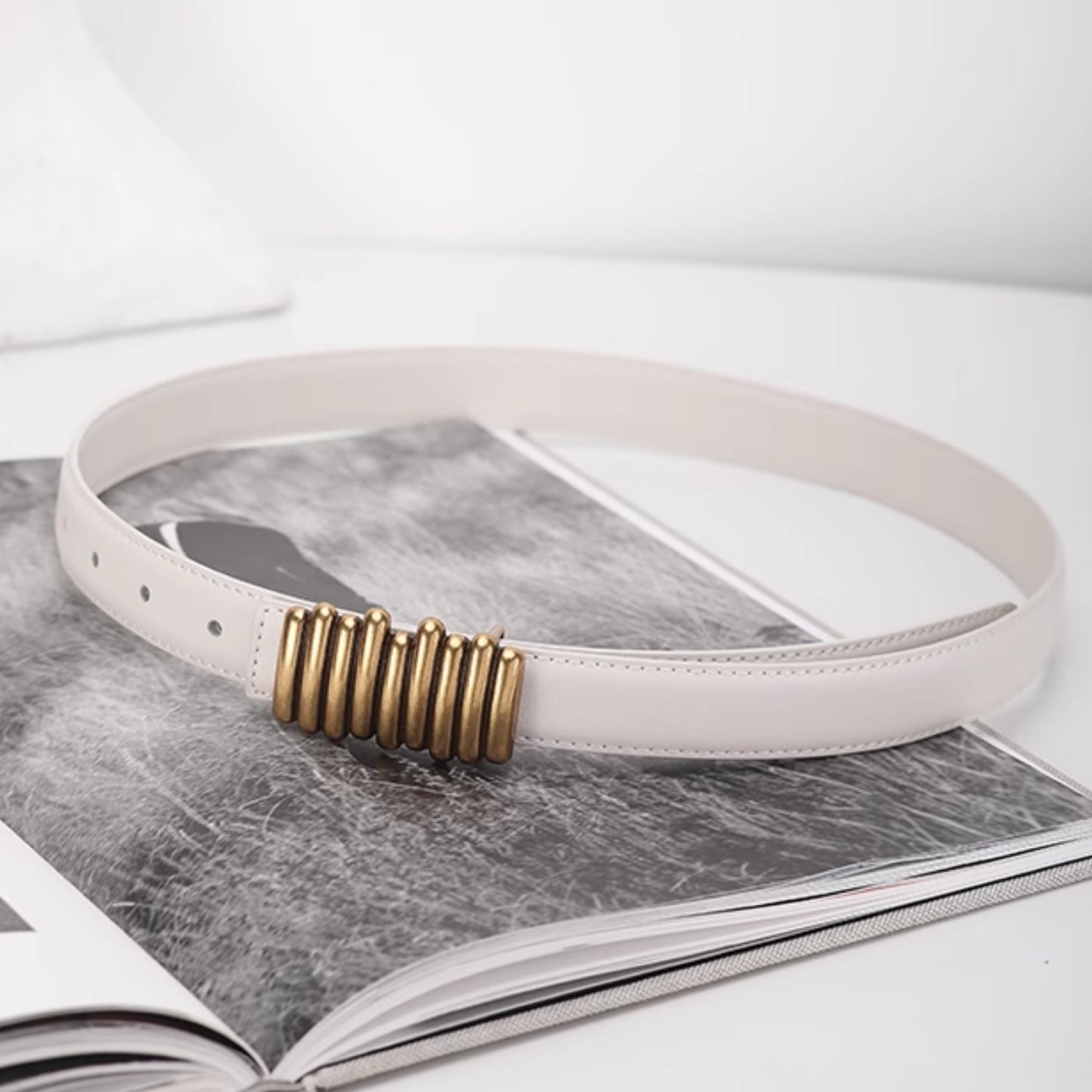 White belt with gold buckle on a magazine