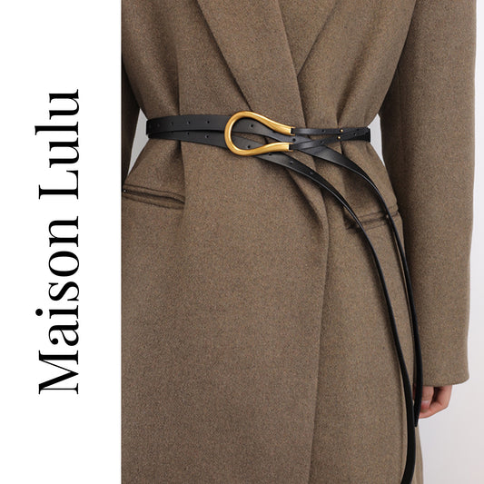 Brown coat with a black belt and gold buckle, featuring 'Maison Lulu' branding.