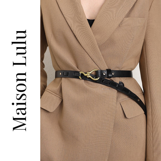 Brown coat with a black belt and 'Maison Lulu' branding on a white background
