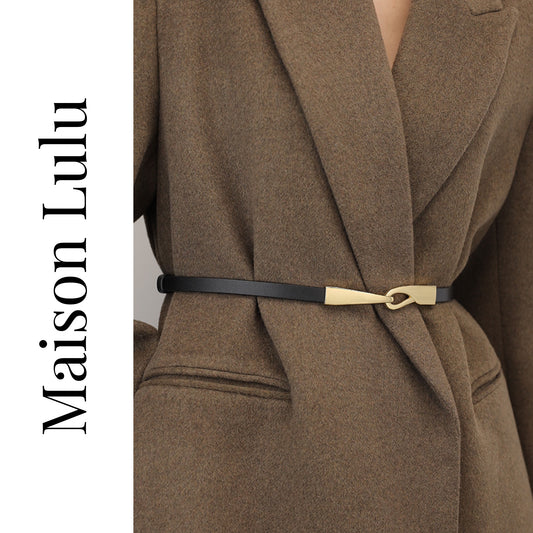 Brown coat with a belt and 'Maison Lulu' branding on a white background