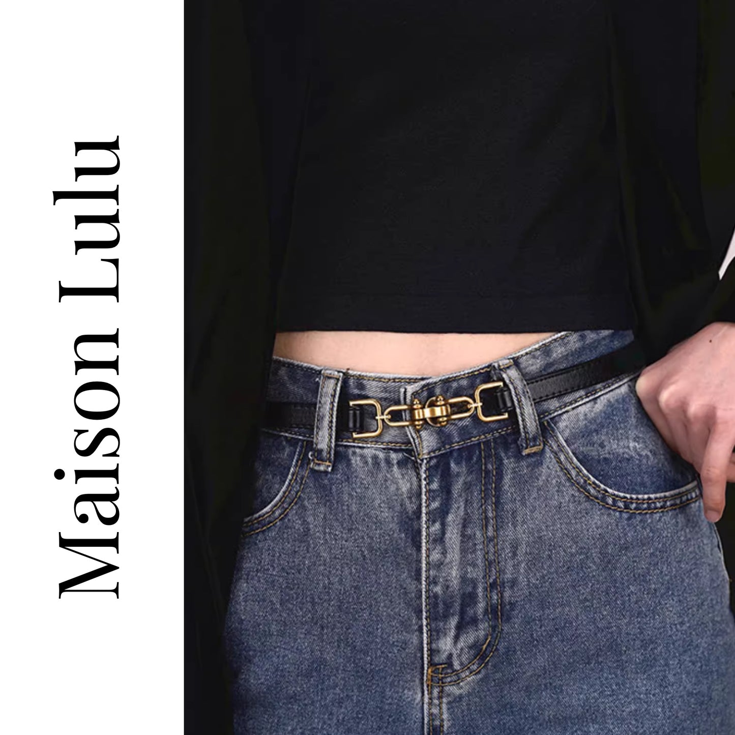 French Vintage Leather Belt for Women | Adjustable Gold Buckle Waist Belt