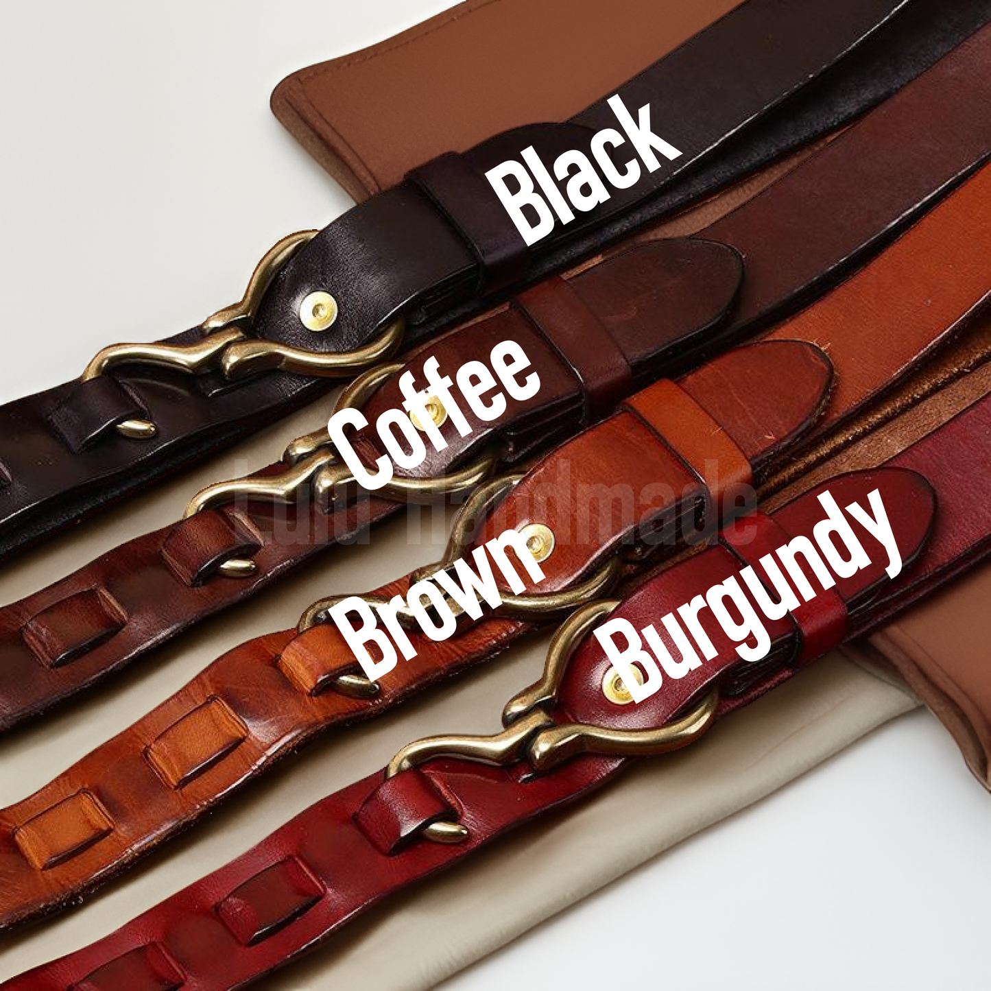 Four leather straps in black, coffee, brown, and burgundy with gold buckles on a white background.