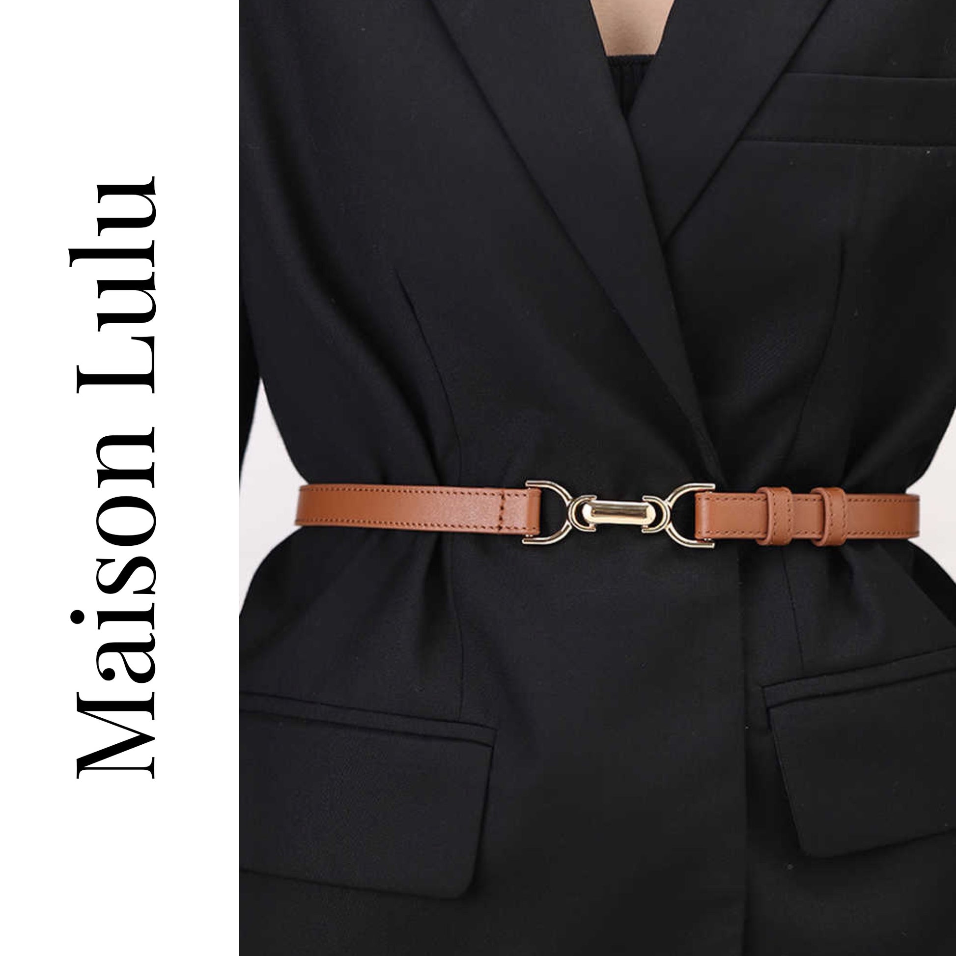 Black blazer with a brown belt featuring a gold buckle, branded 'Maison Lulu'.