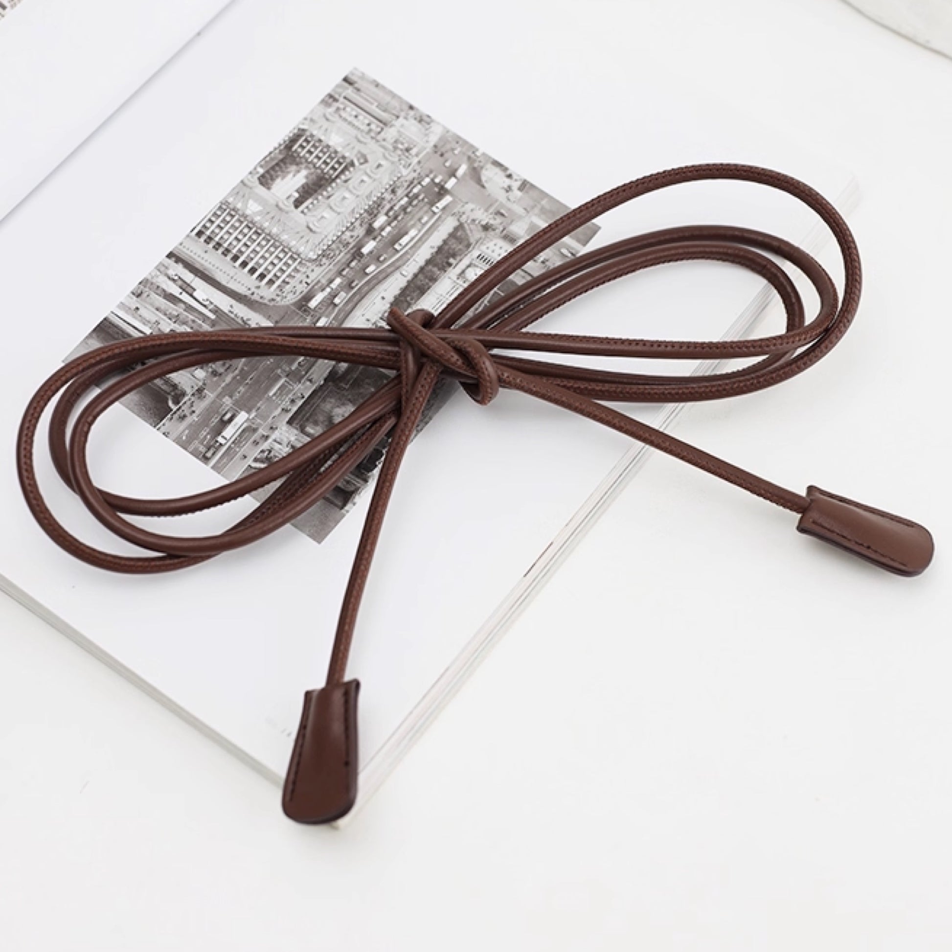 Brown cord with a plug on a white surface