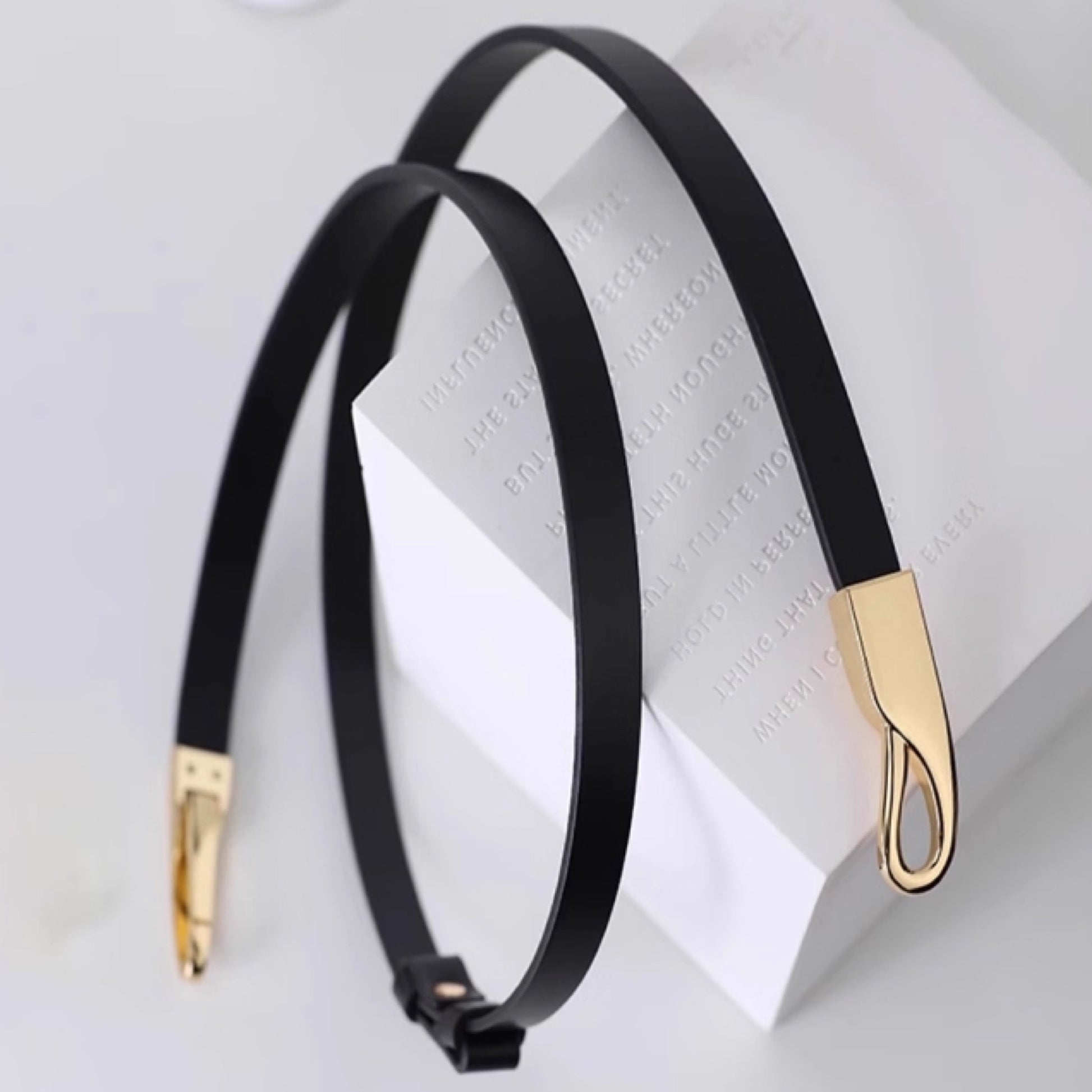 Black belt with gold hardware on a light gray background
