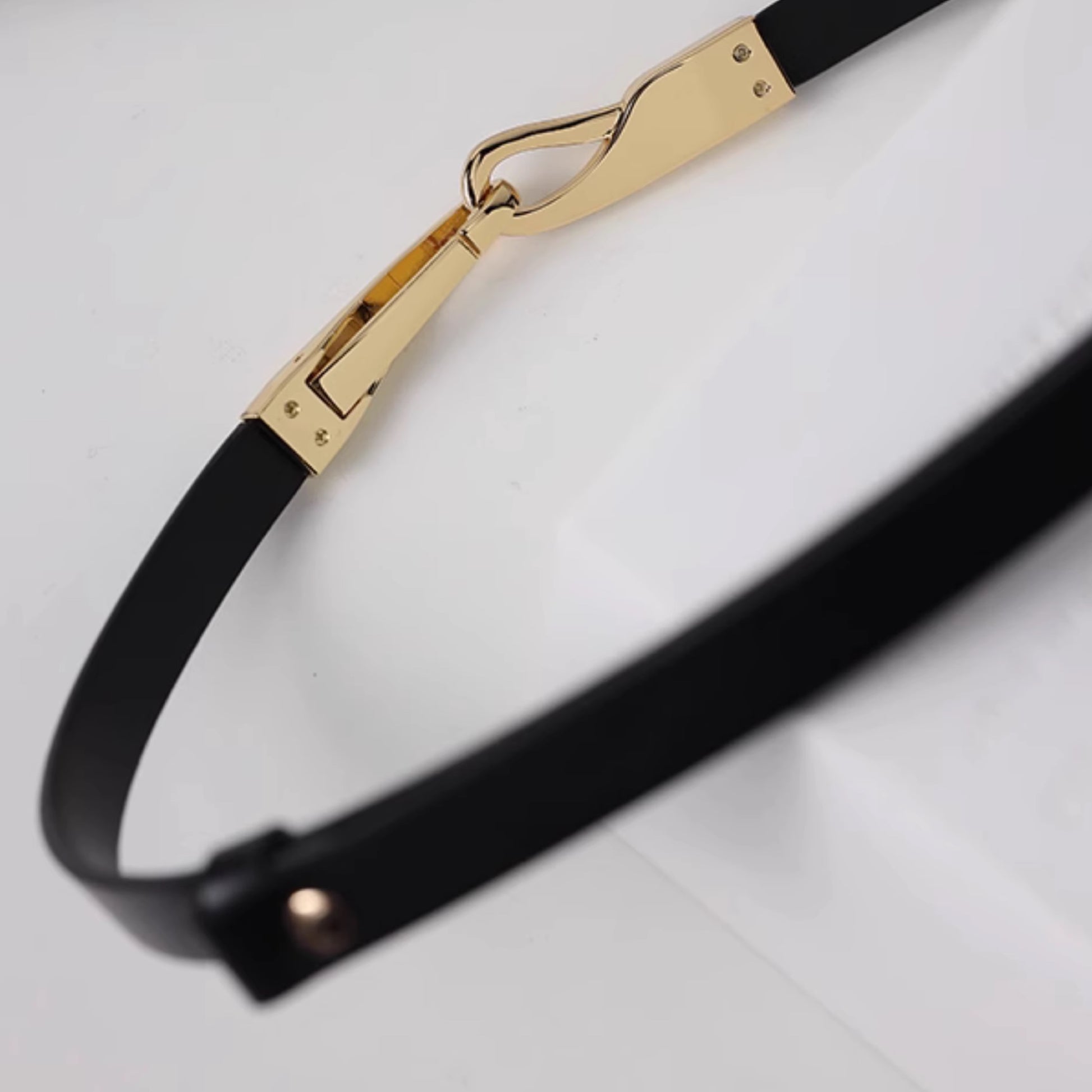 Black belt with gold buckle on a light gray background
