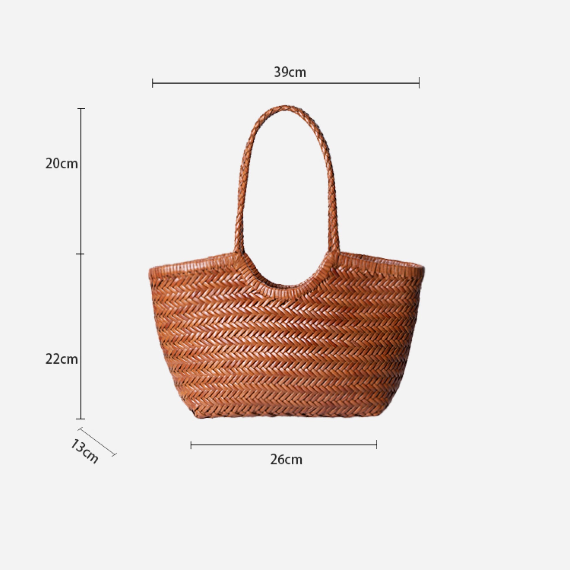 Woven brown bag with dimensions labeled on a white background