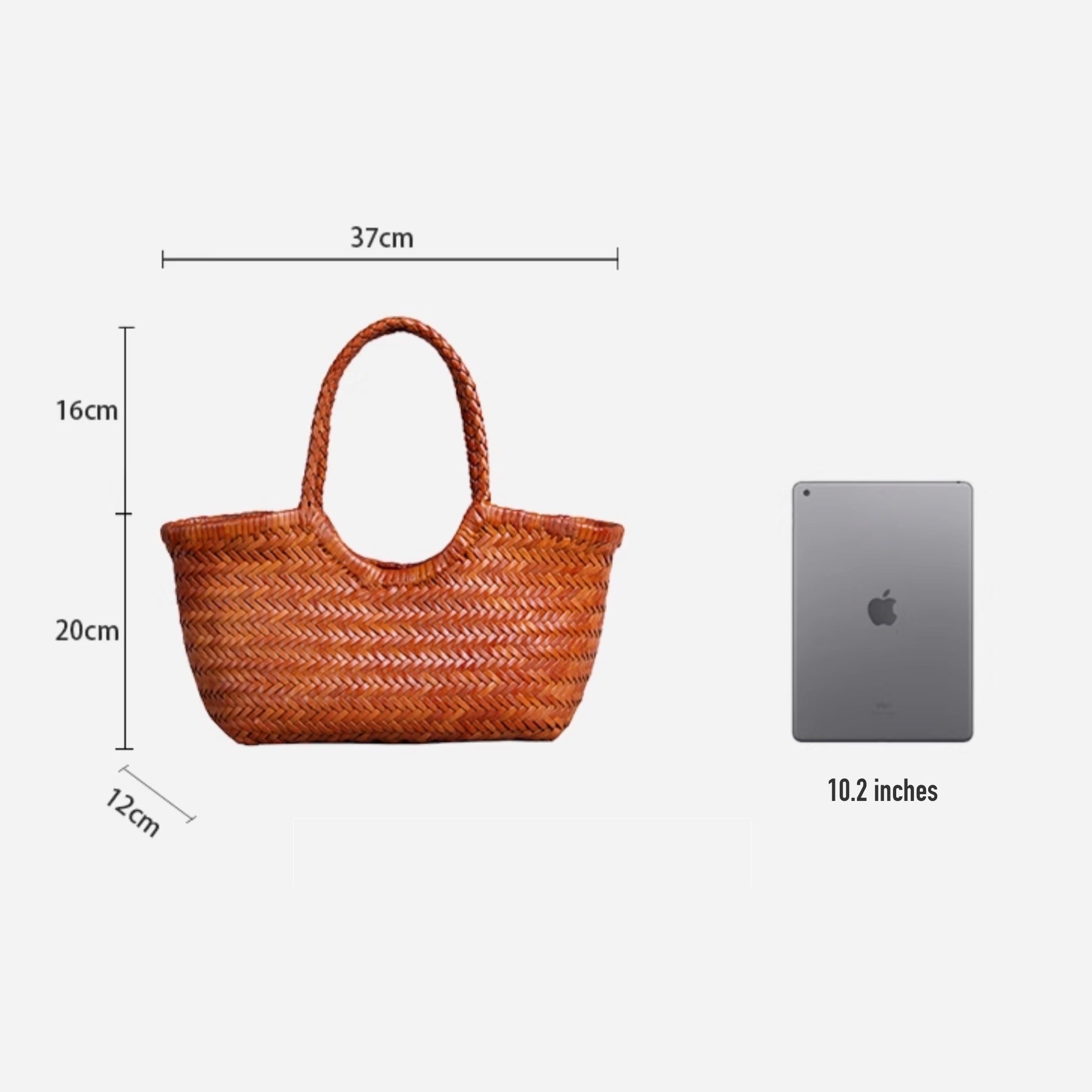 Woven brown bag with dimensions labeled next to an Apple device for scale.