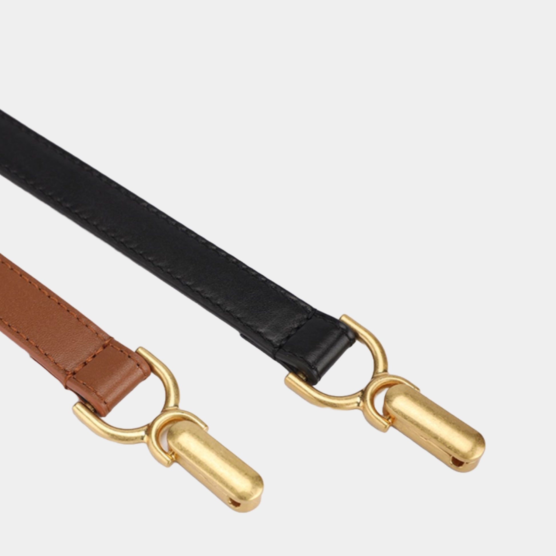 Black and brown leather straps with gold hardware on a light gray background