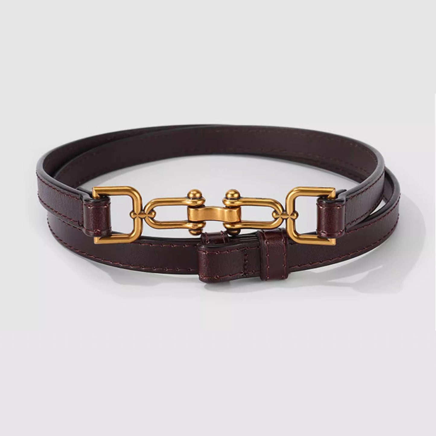 French Vintage Leather Belt for Women | Adjustable Gold Buckle Waist Belt