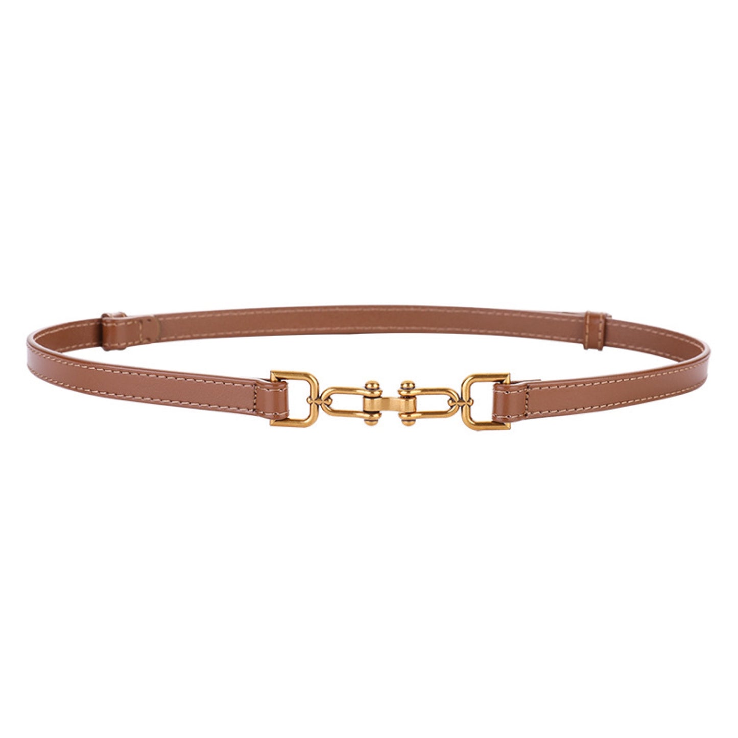 French Vintage Leather Belt for Women | Adjustable Gold Buckle Waist Belt
